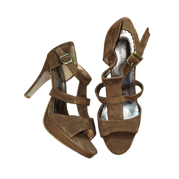 Women's Anna Almeida Brown Suede Cork Sandals Size 8.5 Ankle Strap - Picture 1 of 8